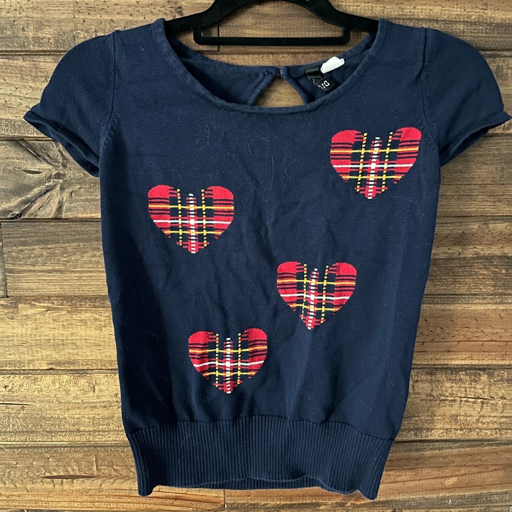 H&M Navy with plaid hearts sweater